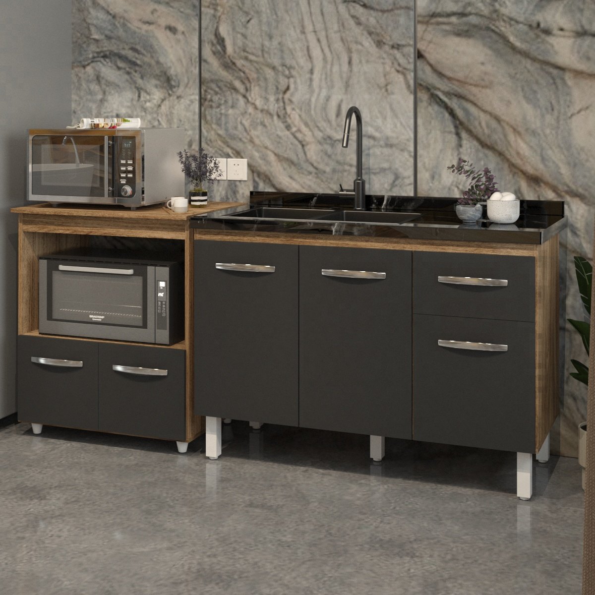Cozinha Armário Balcão Gabinete de Pia Aline 120 cm e Balcão Amanda para Microondas e Forno Elétrico Savana Preto 