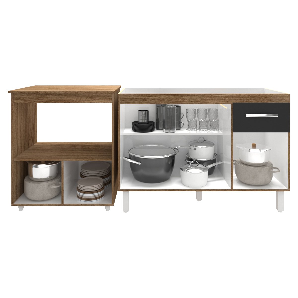 Cozinha Armário Balcão Gabinete de Pia Aline 120 cm e Balcão Amanda para Microondas e Forno Elétrico Savana Preto 