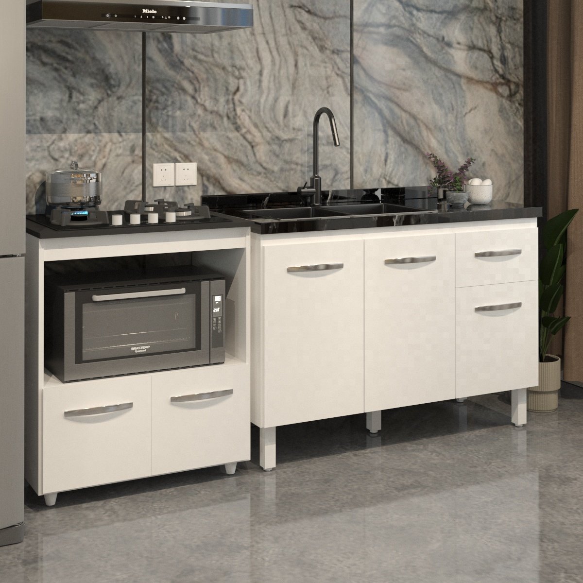 Cozinha Armário Balcão Gabinete de Pia Aline 120 cm e Balcão Evelyn para Fogão Cooktop 4 Bocas e Forno Branco 