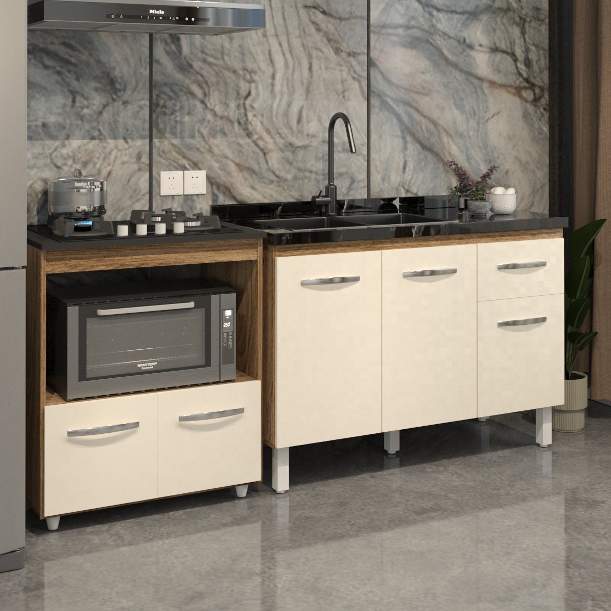 Cozinha Armário Balcão Gabinete de Pia Aline 120 cm e Balcão Evelyn para Fogão Cooktop 4 Bocas e Forno Savana Off White 