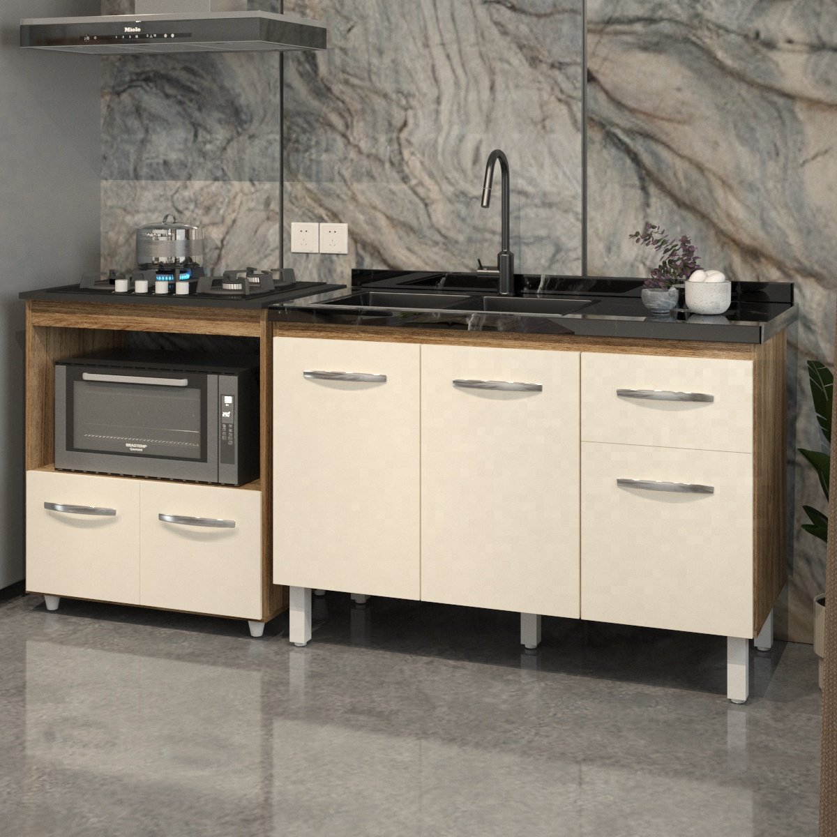 Cozinha Armário Balcão Gabinete de Pia Aline 120 cm e Balcão Evelyn para Fogão Cooktop 4 Bocas e Forno Savana Off White 