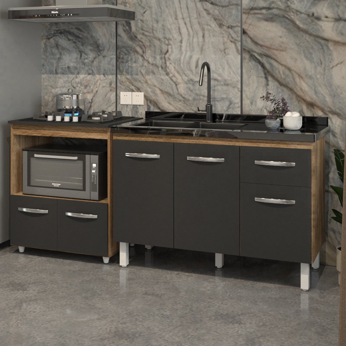 Cozinha Armário Balcão Gabinete de Pia Aline 120 cm e Balcão Evelyn para Fogão Cooktop 4 Bocas e Forno Savana Preto 