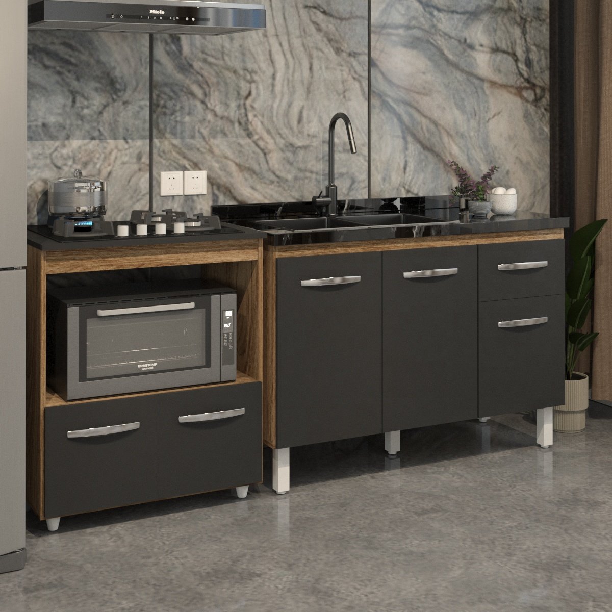 Cozinha Armário Balcão Gabinete de Pia Aline 120 cm e Balcão Evelyn para Fogão Cooktop 4 Bocas e Forno Savana Preto 