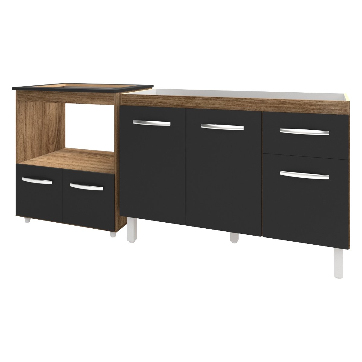 Cozinha Armário Balcão Gabinete de Pia Aline 120 cm e Balcão Evelyn para Fogão Cooktop 4 Bocas e Forno Savana Preto 