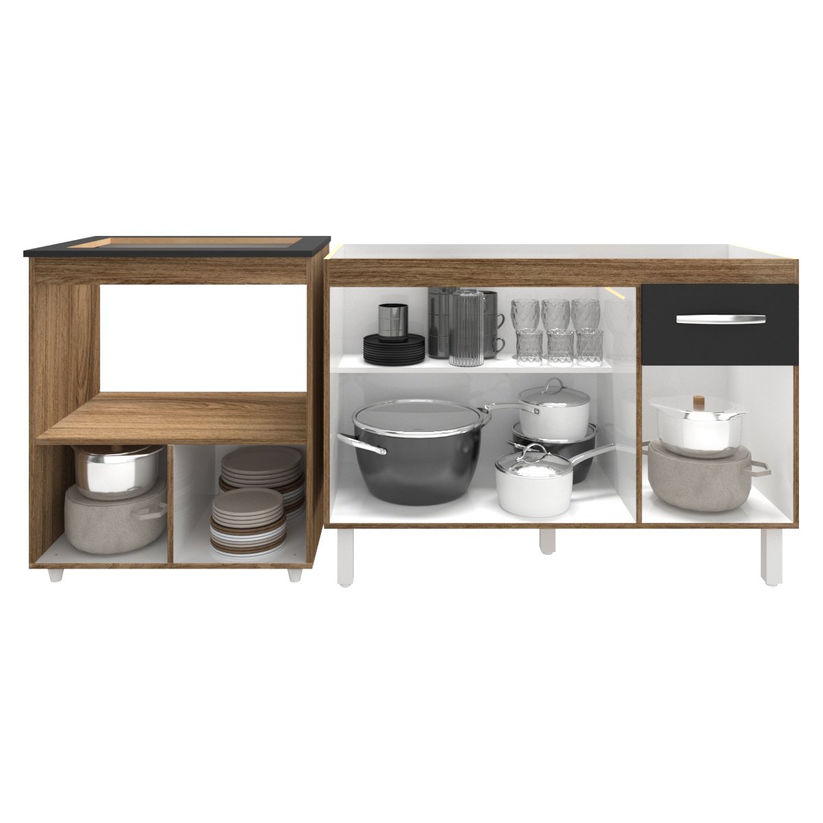 Cozinha Armário Balcão Gabinete de Pia Aline 120 cm e Balcão Evelyn para Fogão Cooktop 4 Bocas e Forno Savana Preto 