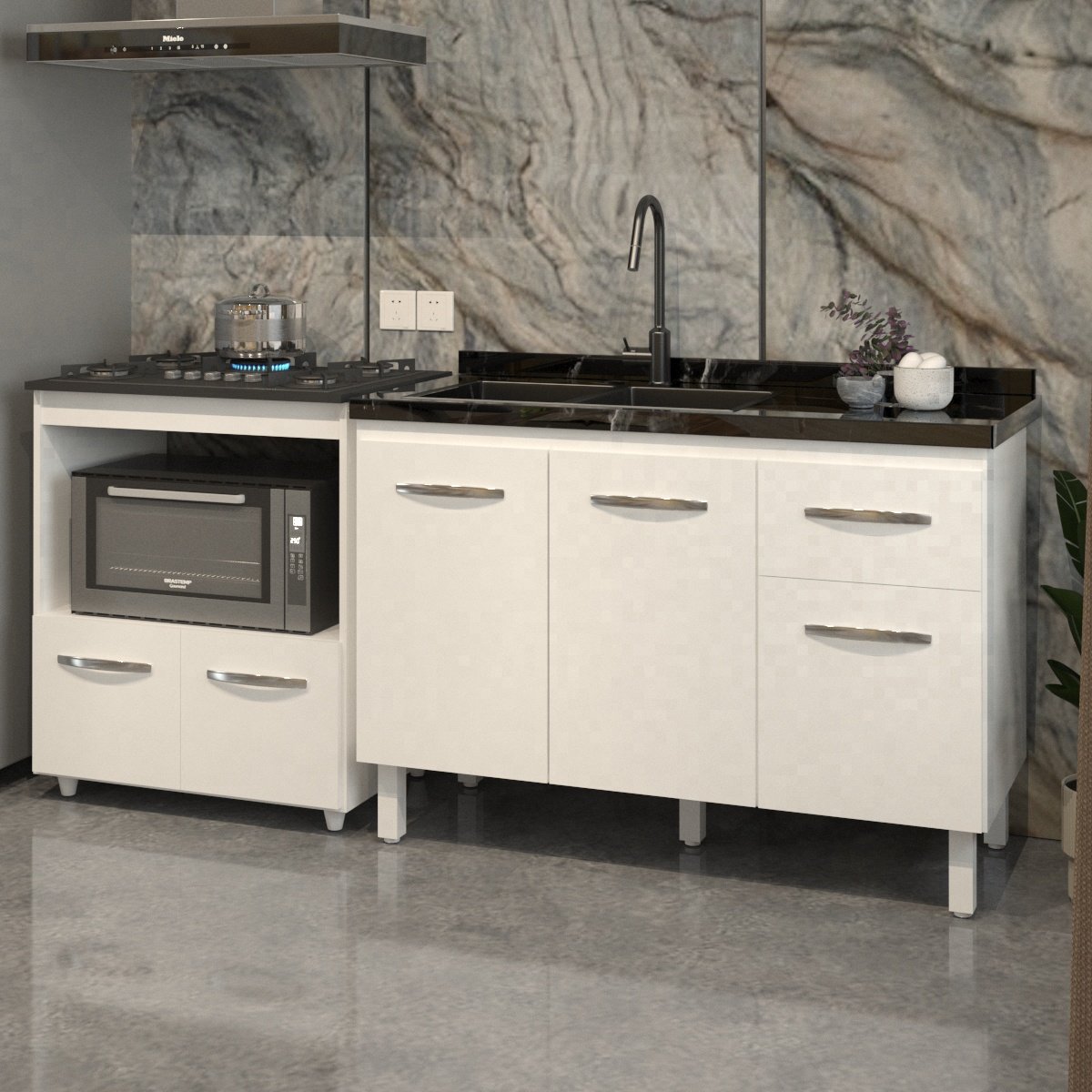 Cozinha Armário Balcão Gabinete de Pia Aline 120 cm e Balcão Evelyn para Fogão Cooktop 5 Bocas e Forno Branco 