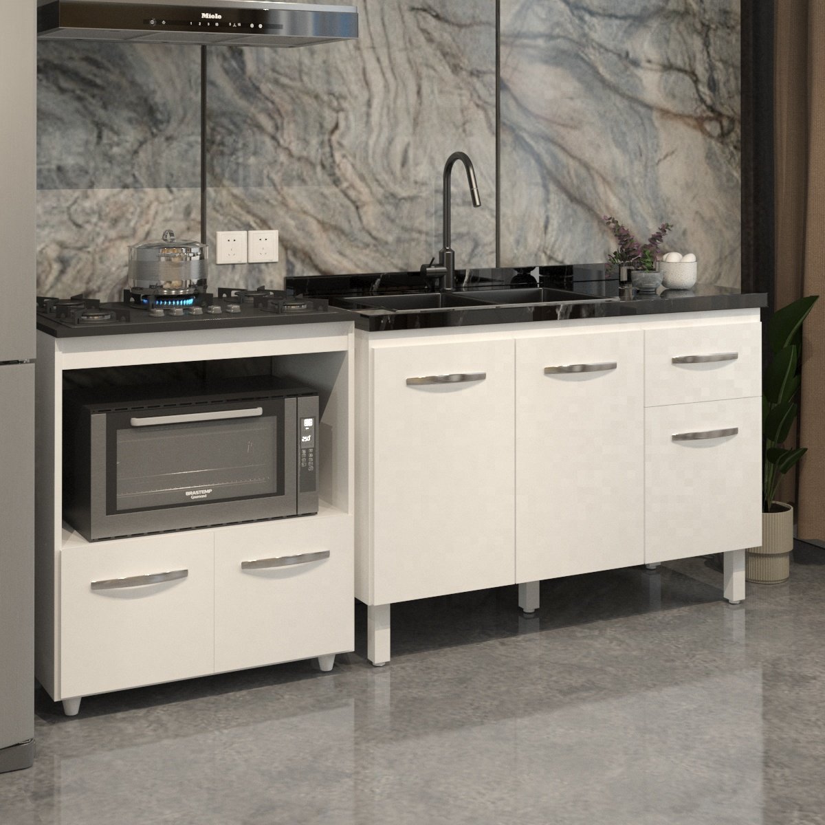 Cozinha Armário Balcão Gabinete de Pia Aline 120 cm e Balcão Evelyn para Fogão Cooktop 5 Bocas e Forno Branco 