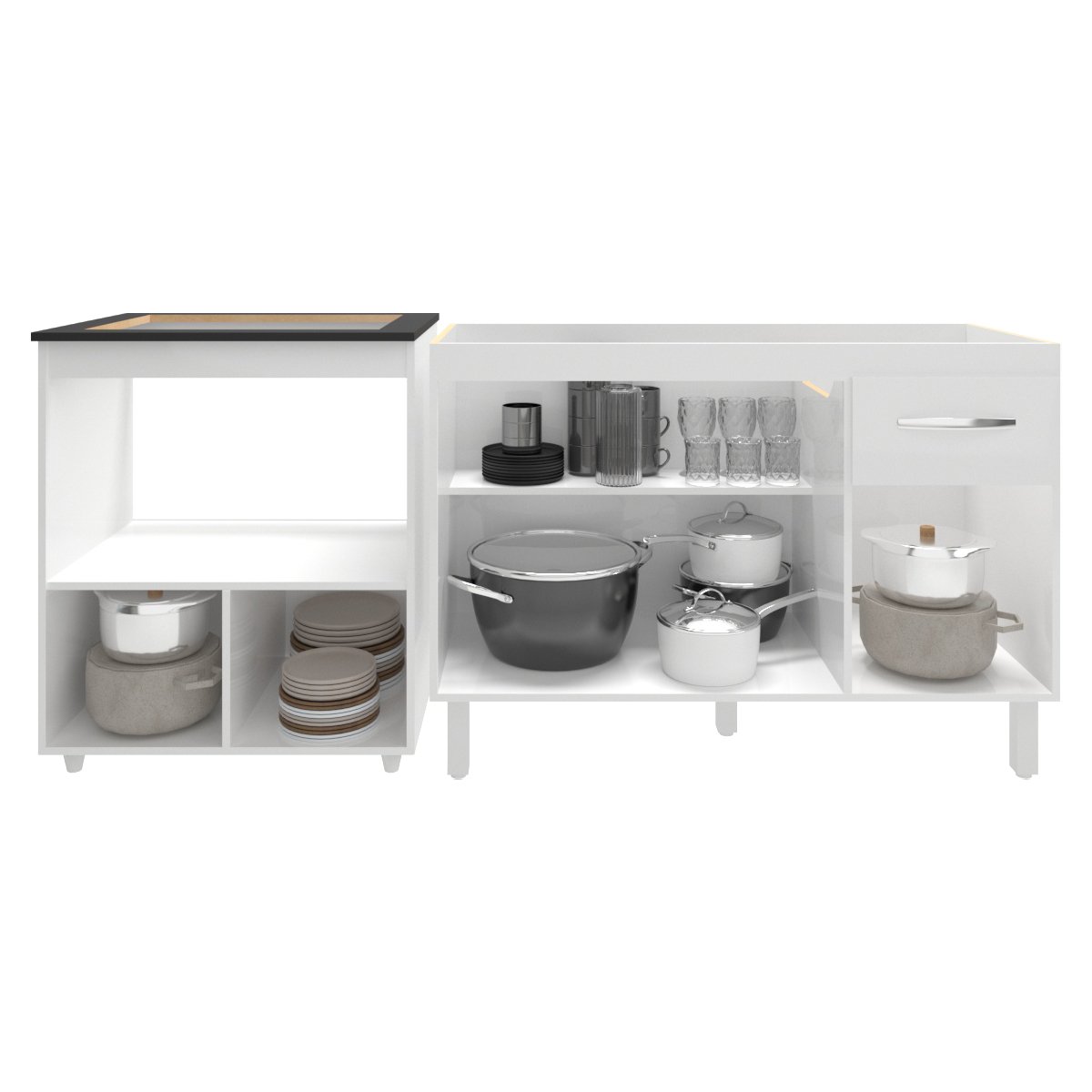 Cozinha Armário Balcão Gabinete de Pia Aline 120 cm e Balcão Evelyn para Fogão Cooktop 5 Bocas e Forno Branco 