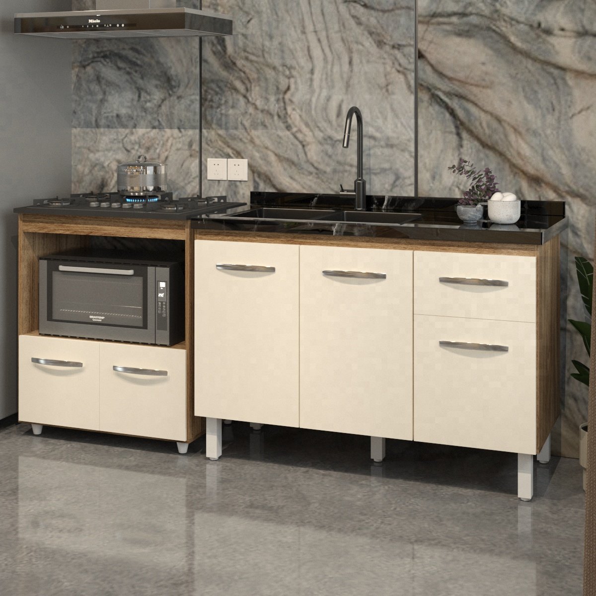 Cozinha Armário Balcão Gabinete de Pia Aline 120 cm e Balcão Evelyn para Fogão Cooktop 5 Bocas e Forno Savana Off White 