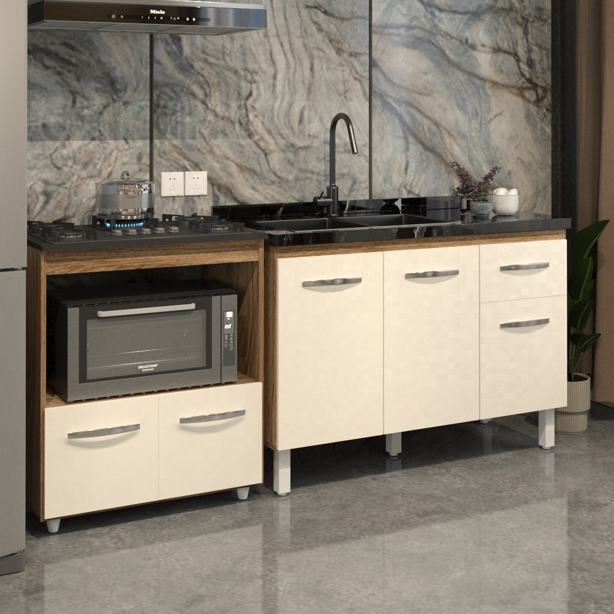 Cozinha Armário Balcão Gabinete de Pia Aline 120 cm e Balcão Evelyn para Fogão Cooktop 5 Bocas e Forno Savana Off White 