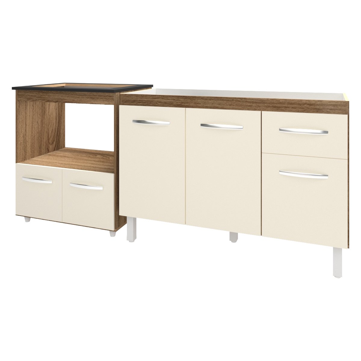 Cozinha Armário Balcão Gabinete de Pia Aline 120 cm e Balcão Evelyn para Fogão Cooktop 5 Bocas e Forno Savana Off White 