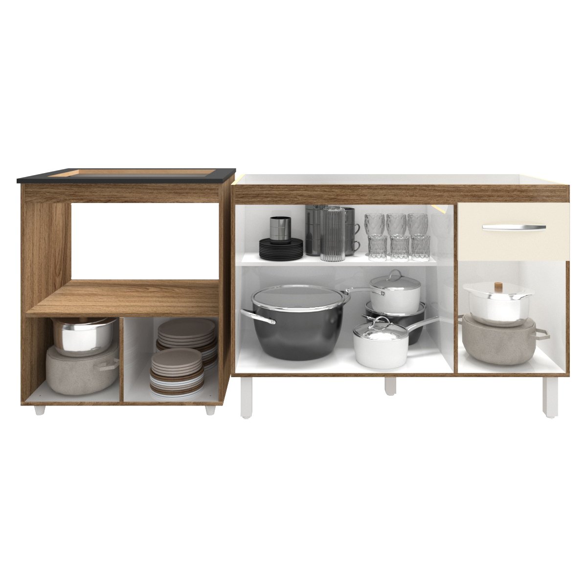 Cozinha Armário Balcão Gabinete de Pia Aline 120 cm e Balcão Evelyn para Fogão Cooktop 5 Bocas e Forno Savana Off White 