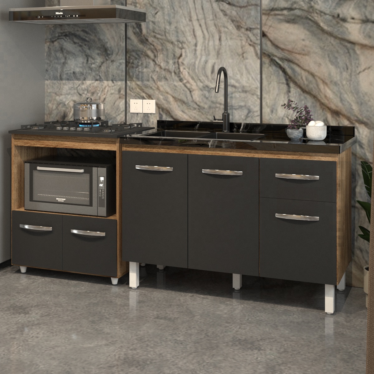 Cozinha Armário Balcão Gabinete de Pia Aline 120 cm e Balcão Evelyn para Fogão Cooktop 5 Bocas e Forno Savana Preto 