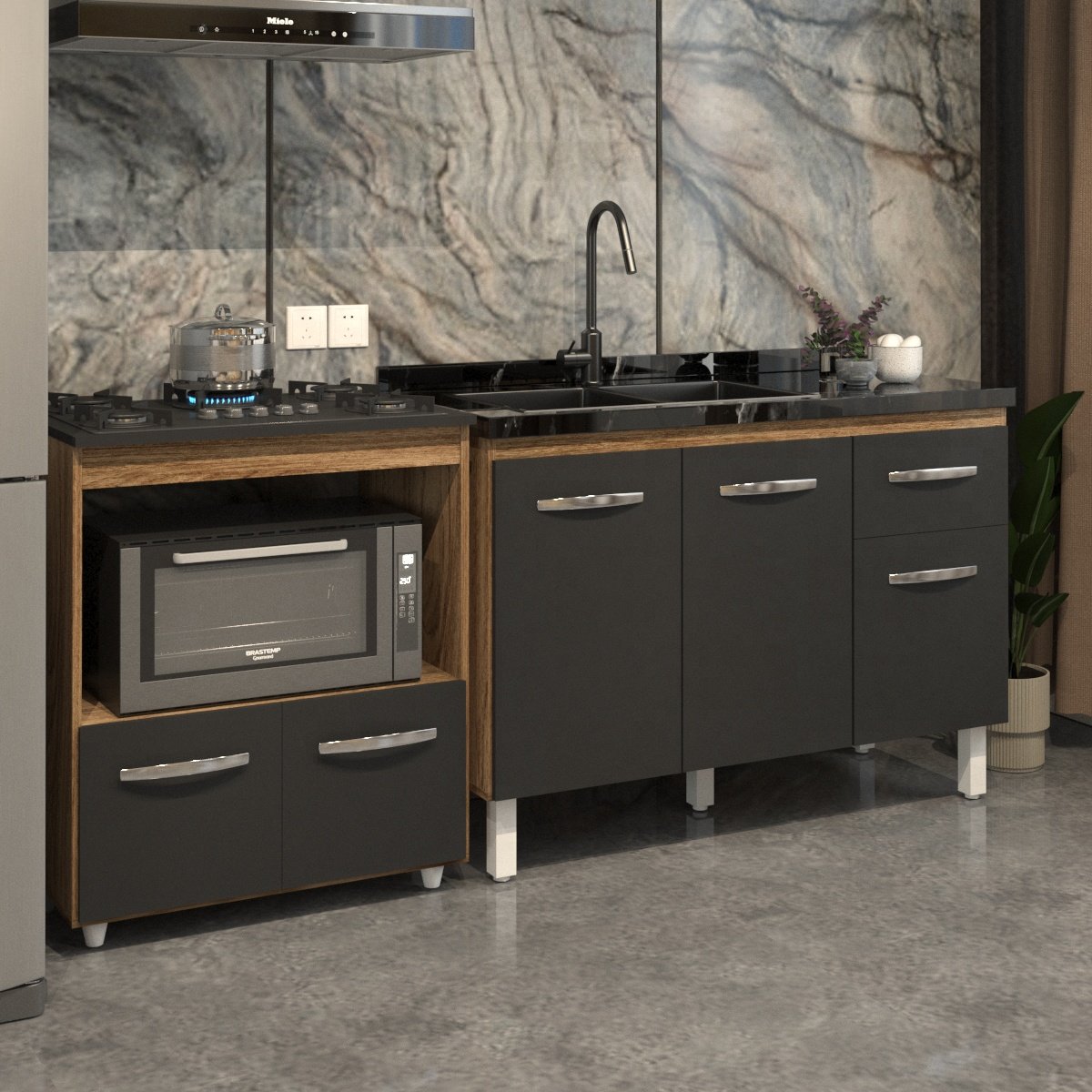 Cozinha Armário Balcão Gabinete de Pia Aline 120 cm e Balcão Evelyn para Fogão Cooktop 5 Bocas e Forno Savana Preto 