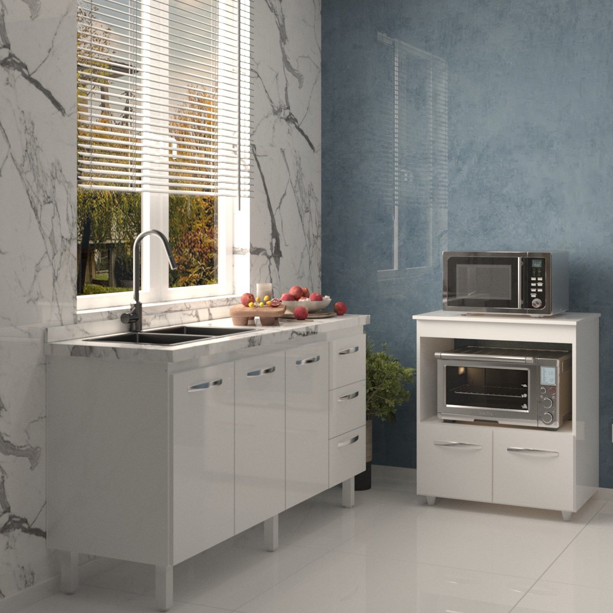 Cozinha Balcão Armário Gabinete de Pia 150 cm Deise e Balcão Amanda para Forno Elétrico e Microondas Branco 