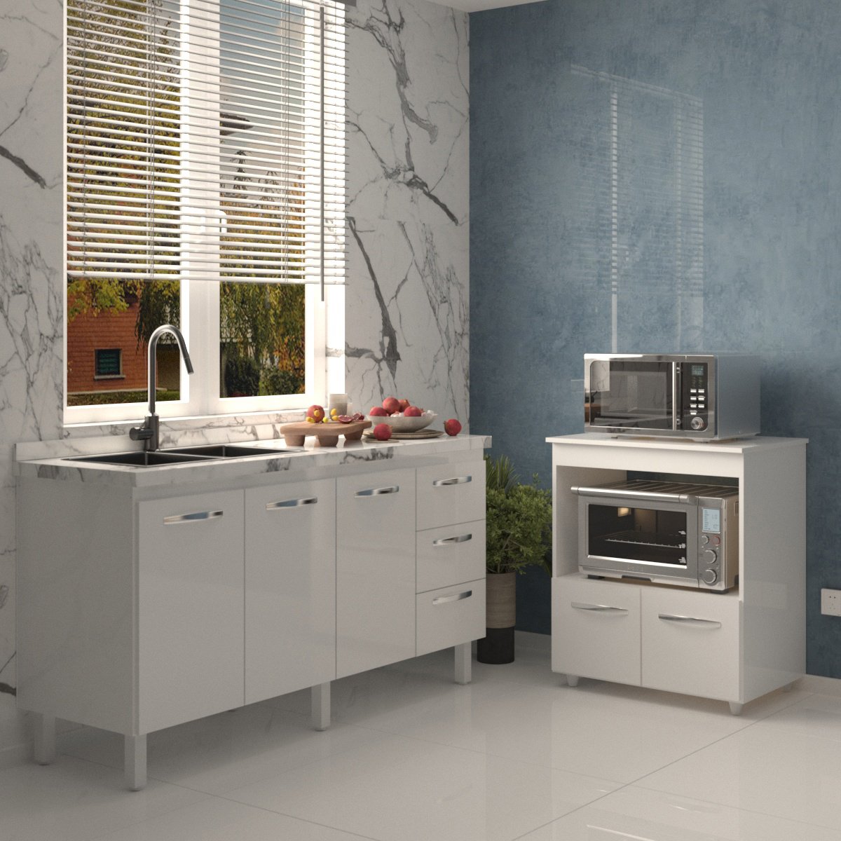Cozinha Balcão Armário Gabinete de Pia 150 cm Deise e Balcão Amanda para Forno Elétrico e Microondas Branco 