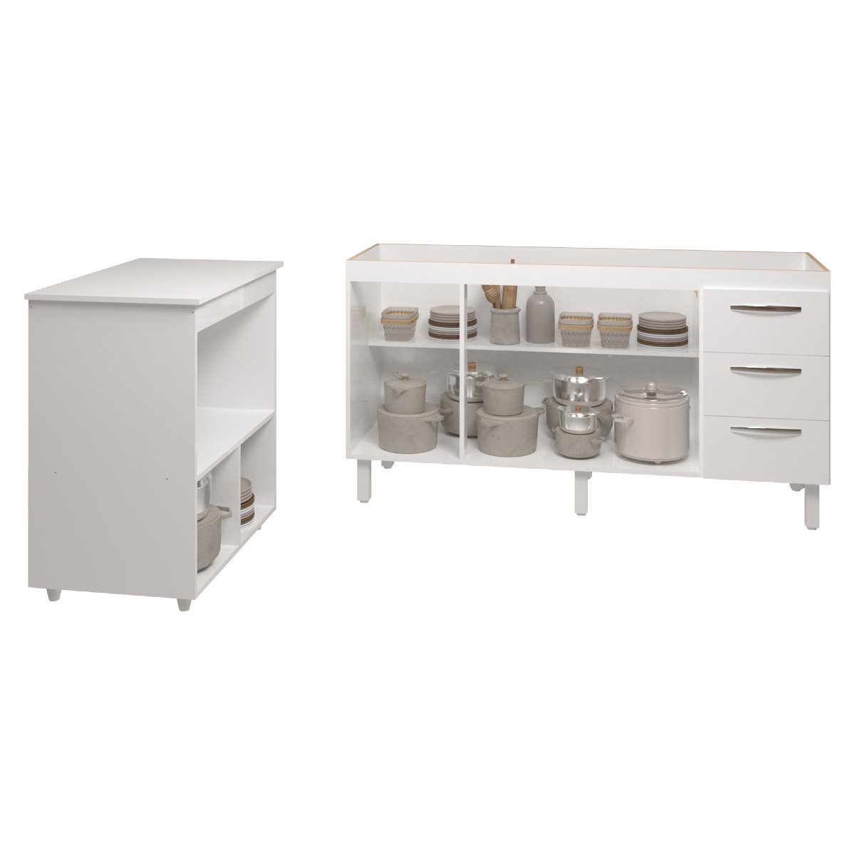 Cozinha Balcão Armário Gabinete de Pia 150 cm Deise e Balcão Amanda para Forno Elétrico e Microondas Branco 