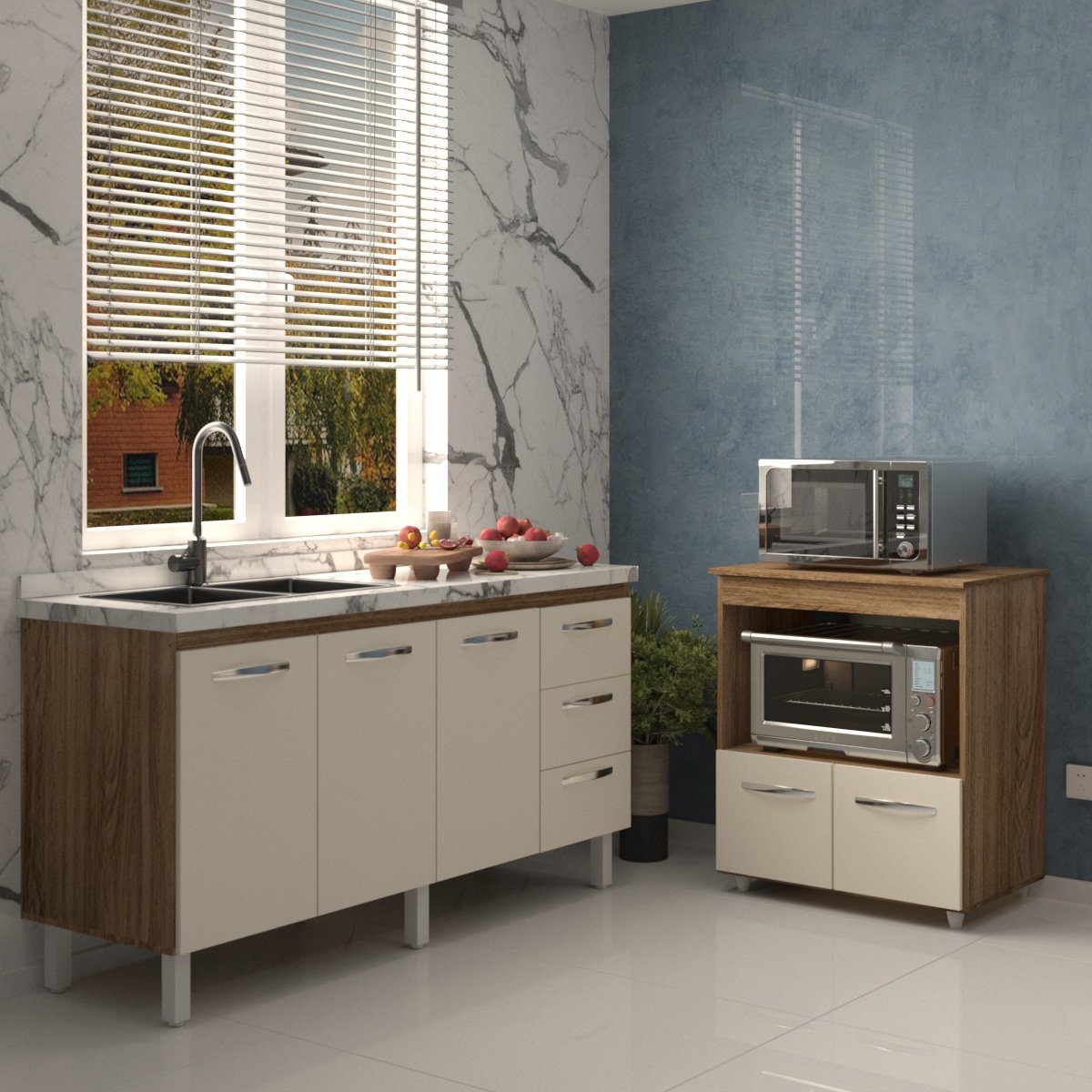Cozinha Balcão Armário Gabinete de Pia 150 cm Deise e Balcão Amanda para Forno Elétrico e Microondas Savana Off White 