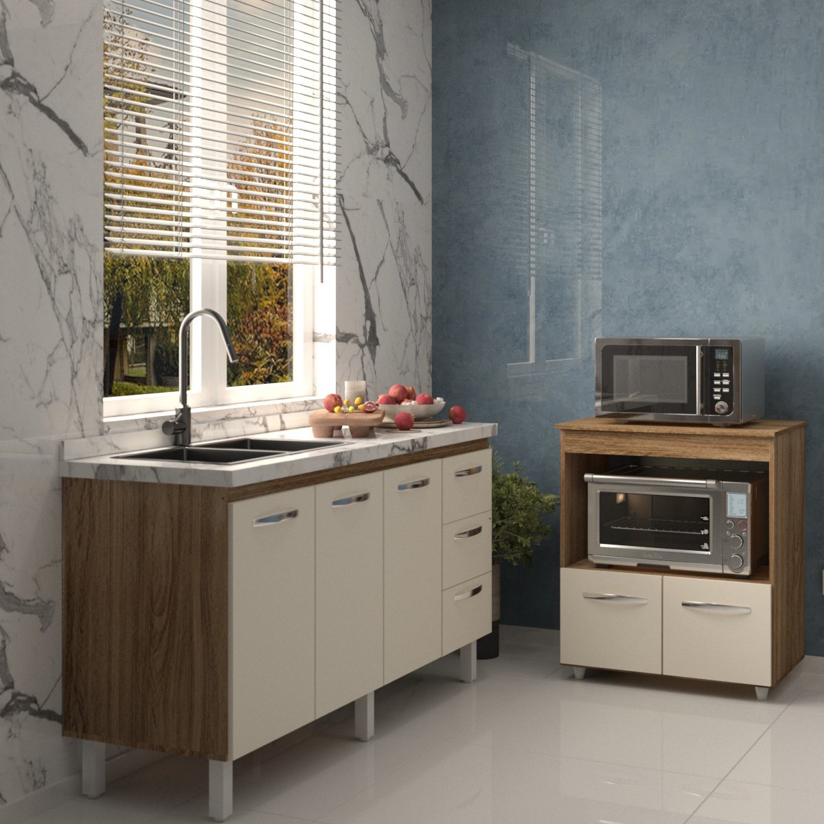 Cozinha Balcão Armário Gabinete de Pia 150 cm Deise e Balcão Amanda para Forno Elétrico e Microondas Savana Off White 