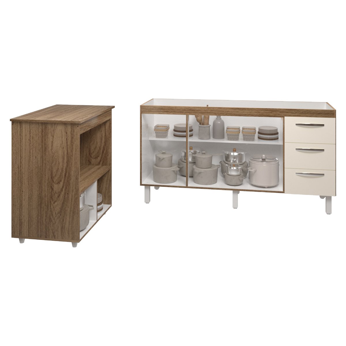 Cozinha Balcão Armário Gabinete de Pia 150 cm Deise e Balcão Amanda para Forno Elétrico e Microondas Savana Off White 