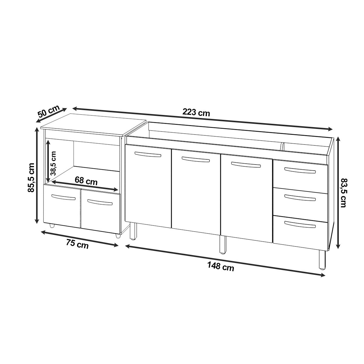Cozinha Balcão Armário Gabinete de Pia 150 cm Deise e Balcão Amanda para Forno Elétrico e Microondas Savana Off White 