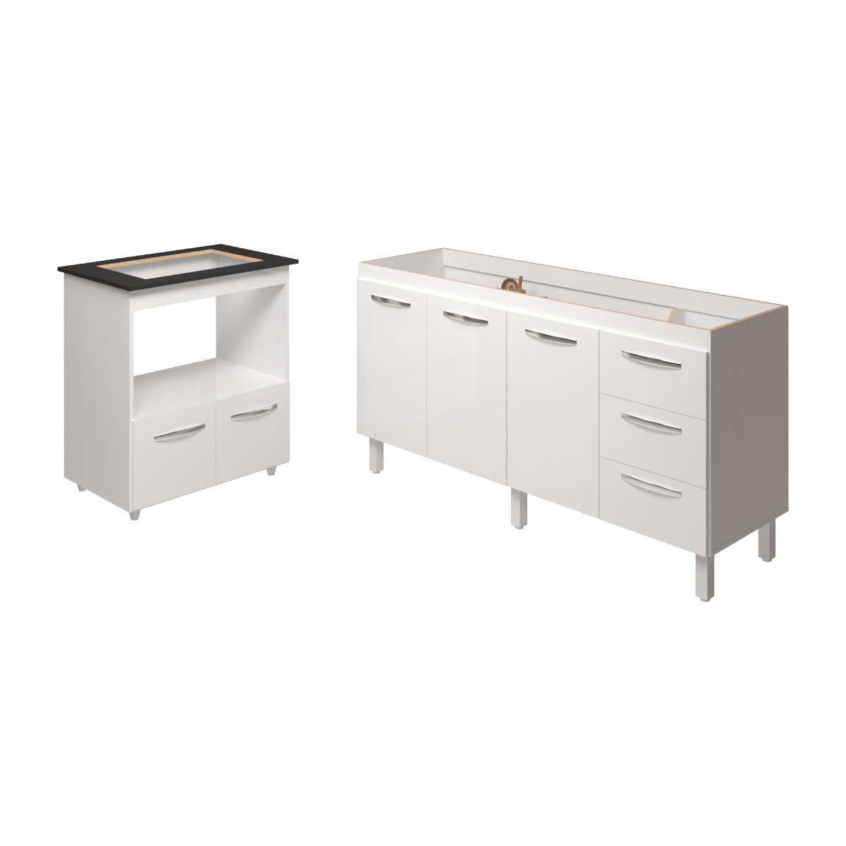 Cozinha Balcão Armário Gabinete de Pia 150 cm Deise e Balcão Evelyn para Fogão Cooktop 4 Bocas Branco 