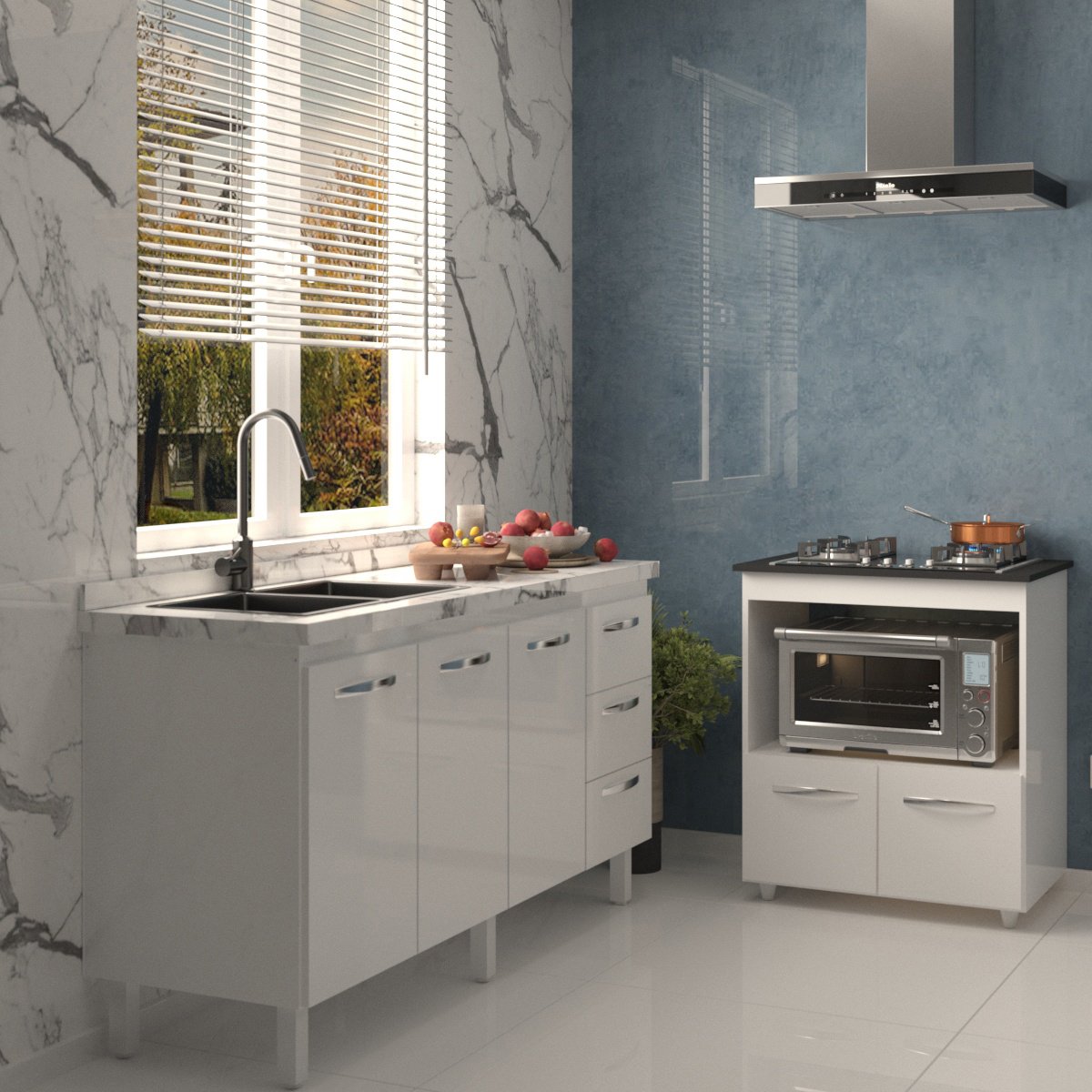 Cozinha Balcão Armário Gabinete de Pia 150 cm Deise e Balcão Evelyn para Fogão Cooktop 4 Bocas Branco 