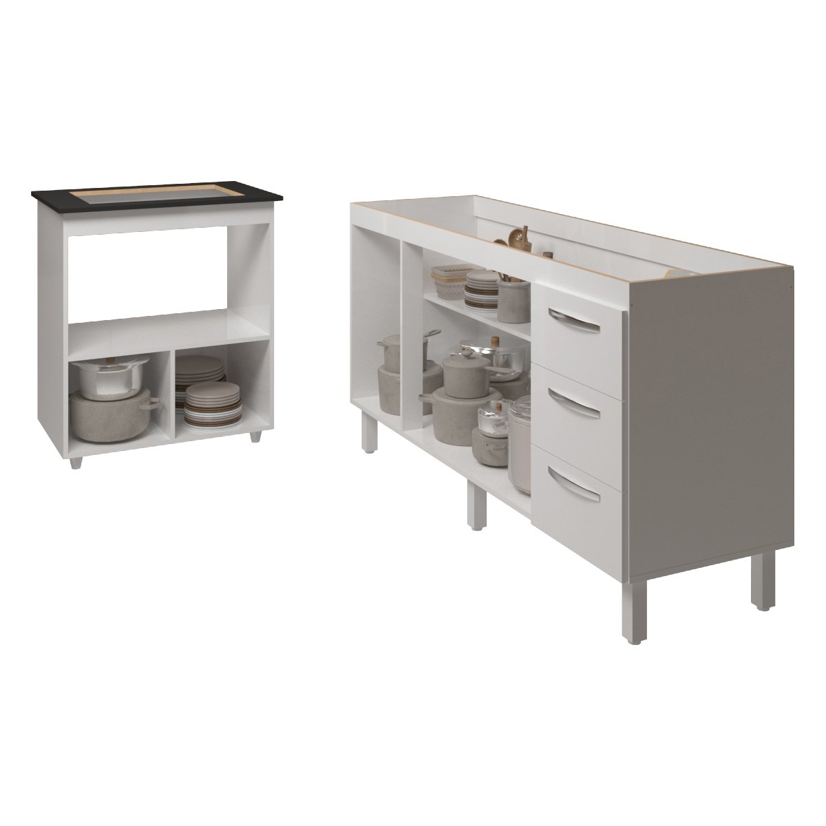 Cozinha Balcão Armário Gabinete de Pia 150 cm Deise e Balcão Evelyn para Fogão Cooktop 4 Bocas Branco 