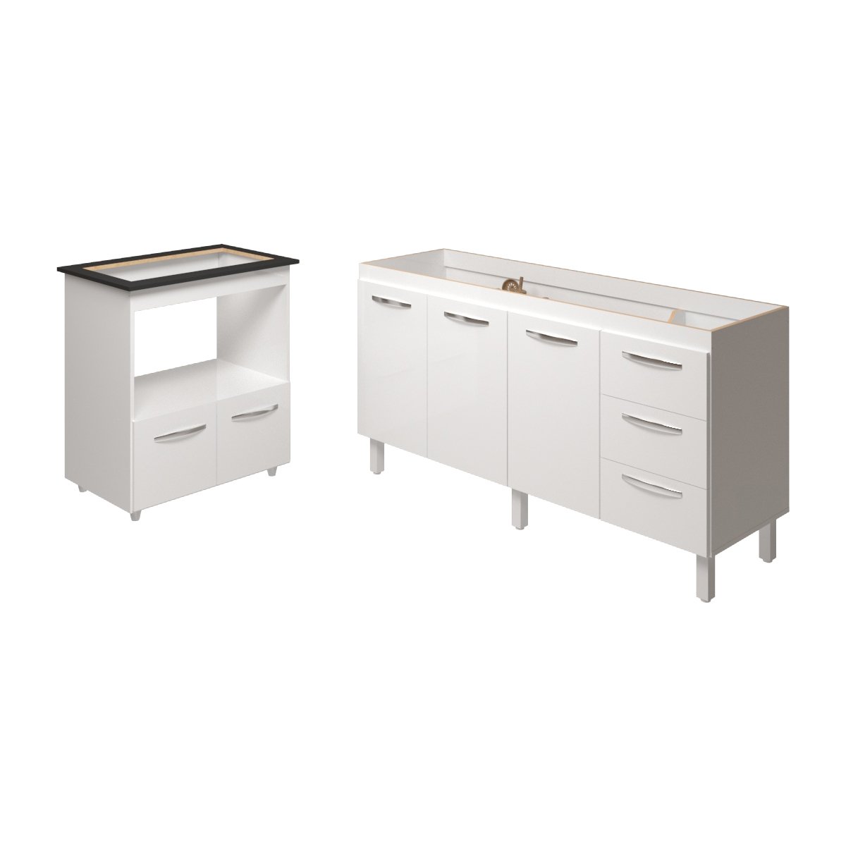 Cozinha Balcão Armário Gabinete de Pia 150 cm Deise e Balcão Evelyn para Fogão Cooktop 5 Bocas Branco 