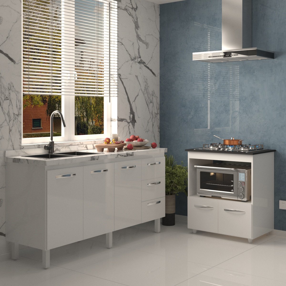 Cozinha Balcão Armário Gabinete de Pia 150 cm Deise e Balcão Evelyn para Fogão Cooktop 5 Bocas Branco 