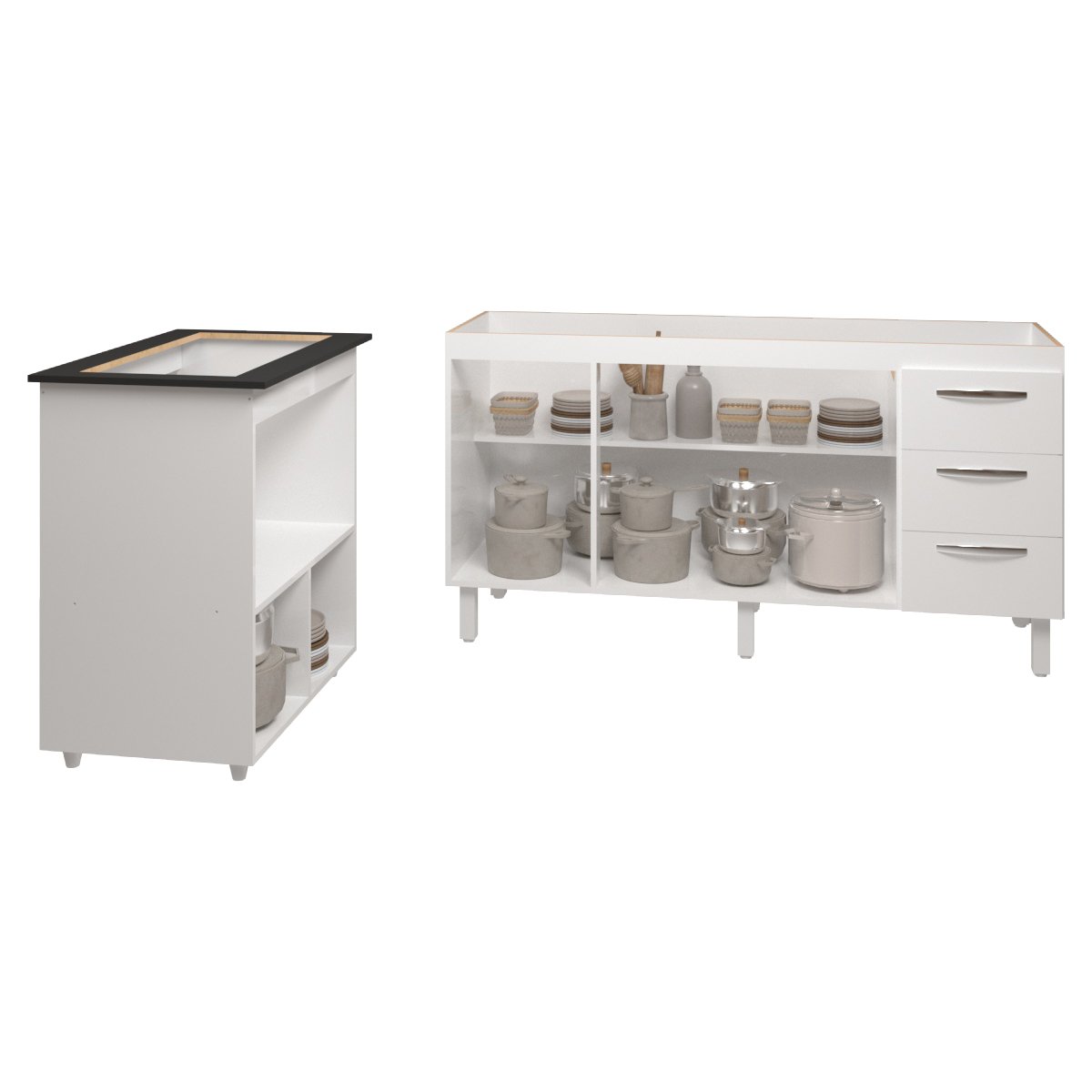 Cozinha Balcão Armário Gabinete de Pia 150 cm Deise e Balcão Evelyn para Fogão Cooktop 5 Bocas Branco 