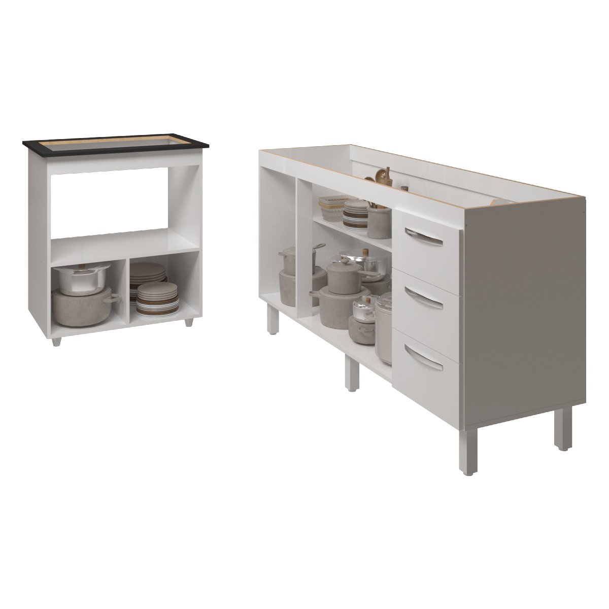 Cozinha Balcão Armário Gabinete de Pia 150 cm Deise e Balcão Evelyn para Fogão Cooktop 5 Bocas Branco 