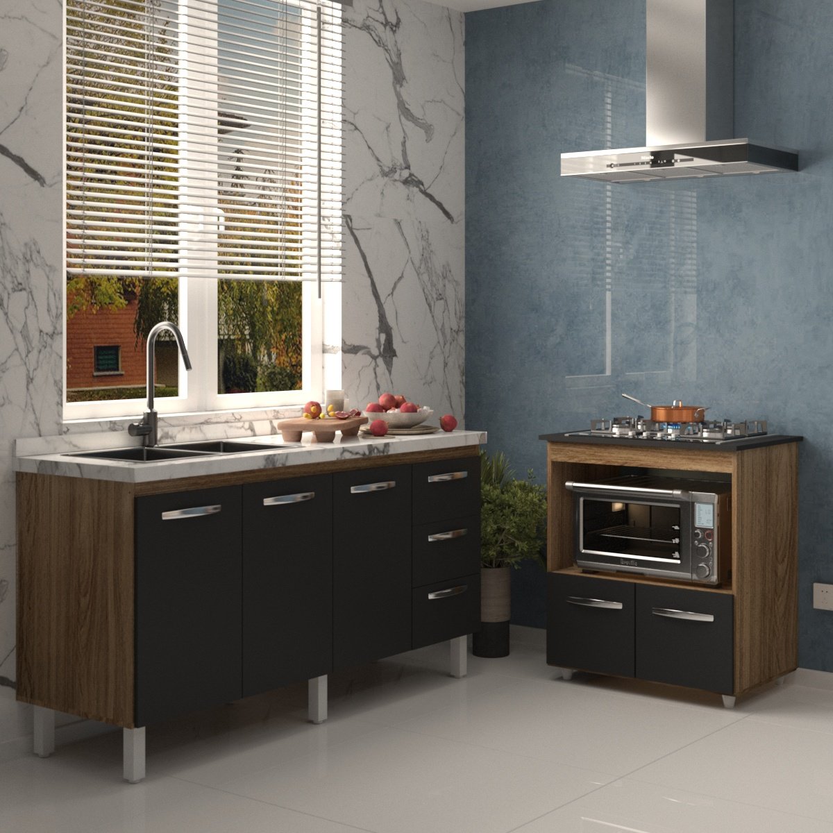 Cozinha Balcão Armário Gabinete de Pia 150 cm Deise e Balcão Evelyn para Fogão Cooktop 5 Bocas Savana Preto 