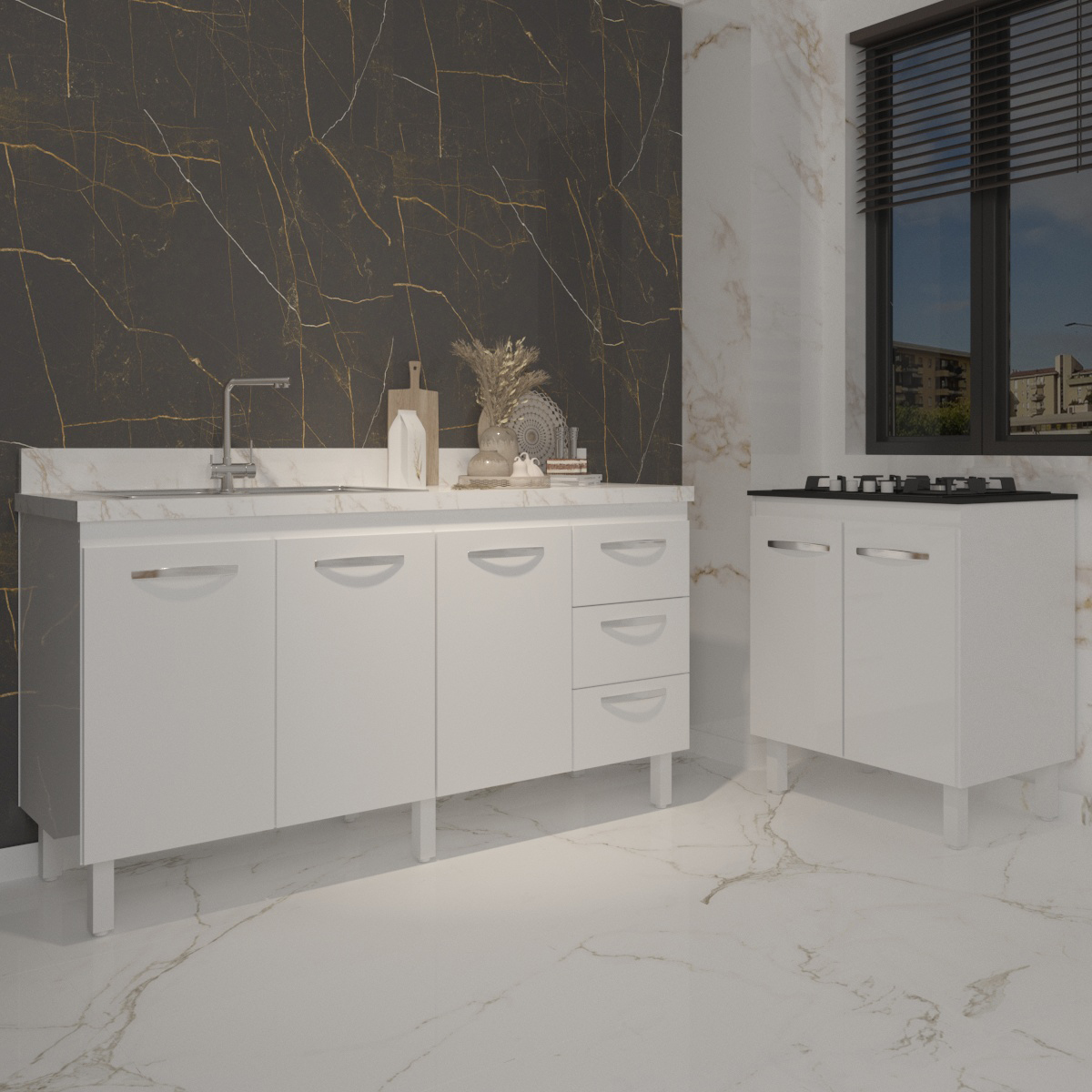 Cozinha Balcão Armário Gabinete de Pia 150 cm Deise e Balcão Fran para Fogão Cooktop 4 Bocas Branco 