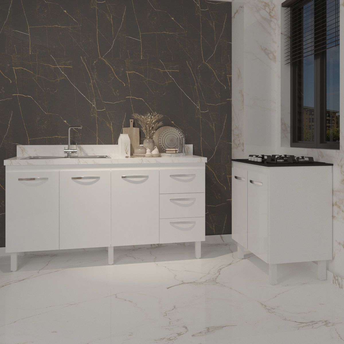 Cozinha Balcão Armário Gabinete de Pia 150 cm Deise e Balcão Fran para Fogão Cooktop 4 Bocas Branco 