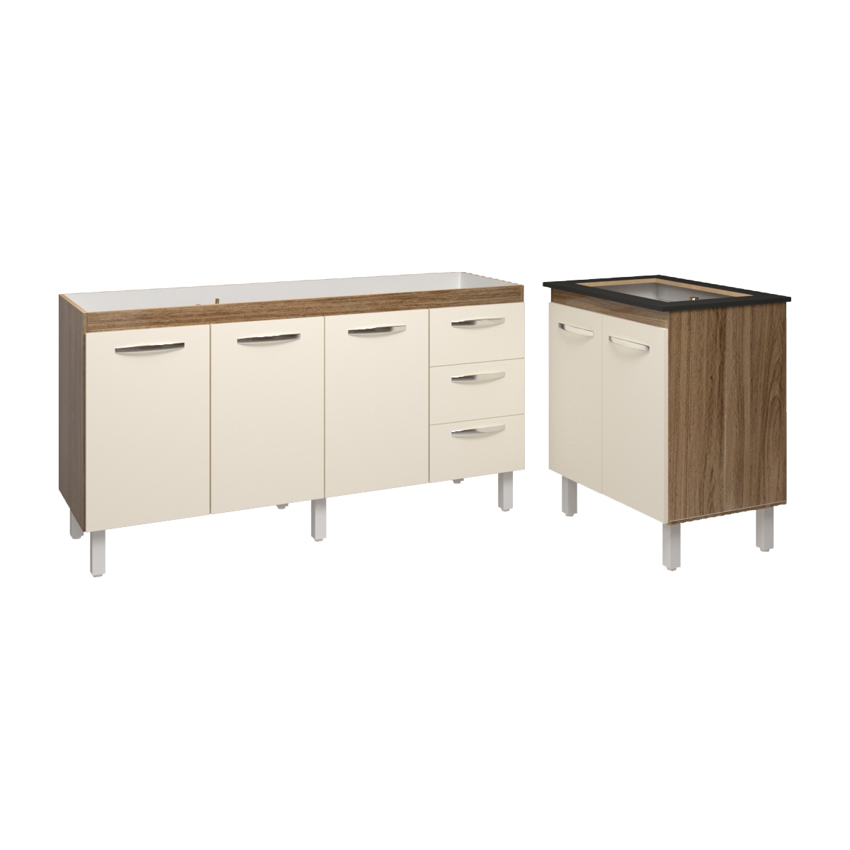 Cozinha Balcão Armário Gabinete de Pia 150 cm Deise e Balcão Fran para Fogão Cooktop 4 Bocas Savana Off White 