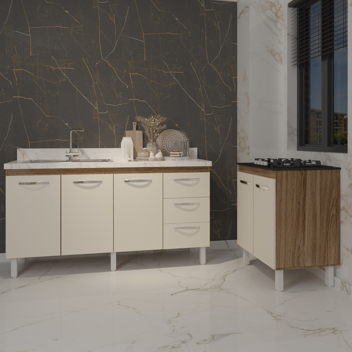 Cozinha Balcão Armário Gabinete de Pia 150 cm Deise e Balcão Fran para Fogão Cooktop 4 Bocas Savana Off White 