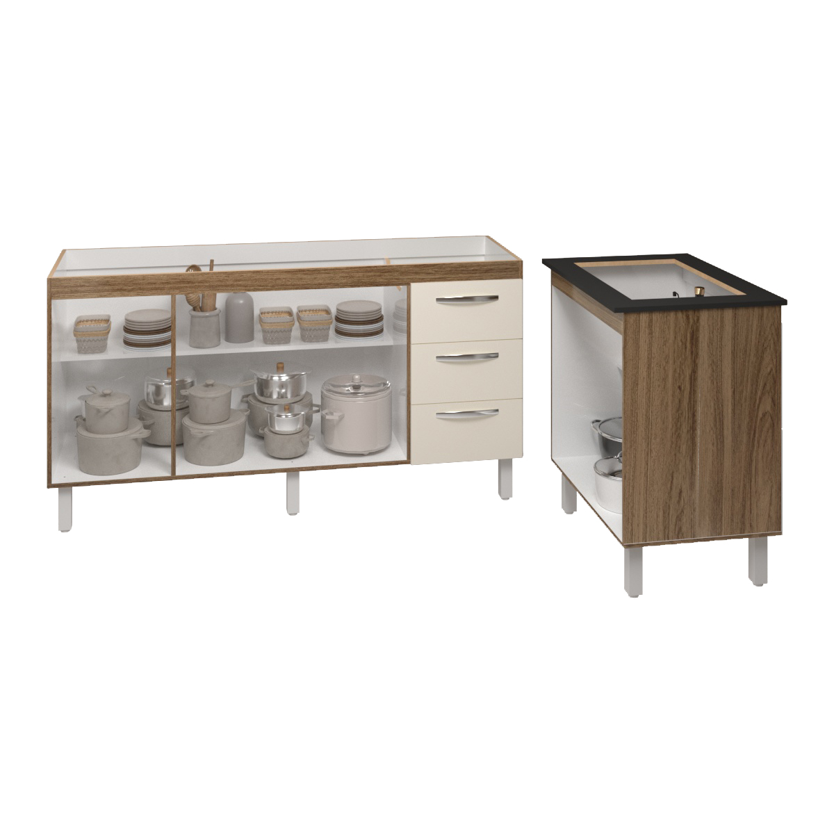 Cozinha Balcão Armário Gabinete de Pia 150 cm Deise e Balcão Fran para Fogão Cooktop 4 Bocas Savana Off White 