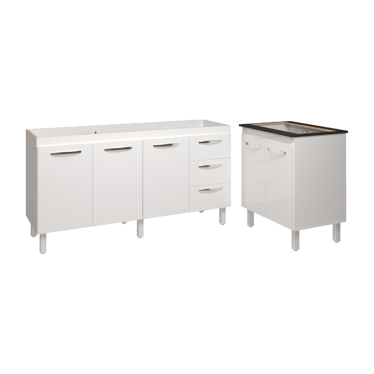 Cozinha Balcão Armário Gabinete de Pia 150 cm Deise e Balcão Fran para Fogão Cooktop 5 Bocas Branco 