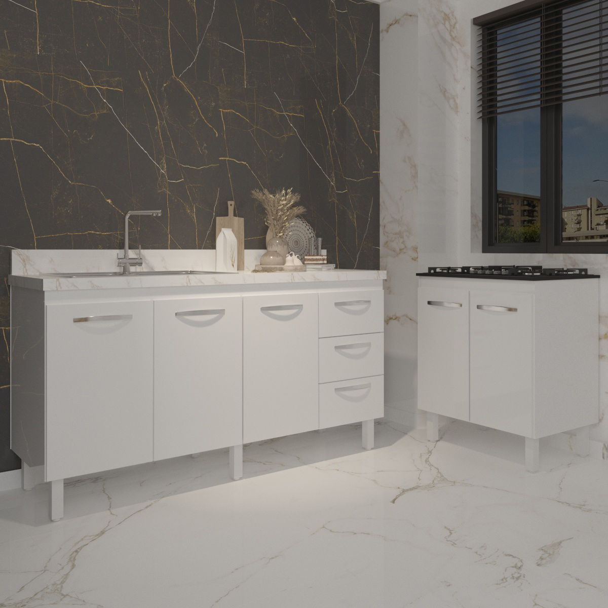 Cozinha Balcão Armário Gabinete de Pia 150 cm Deise e Balcão Fran para Fogão Cooktop 5 Bocas Branco 