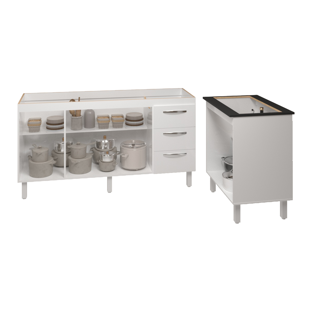 Cozinha Balcão Armário Gabinete de Pia 150 cm Deise e Balcão Fran para Fogão Cooktop 5 Bocas Branco 