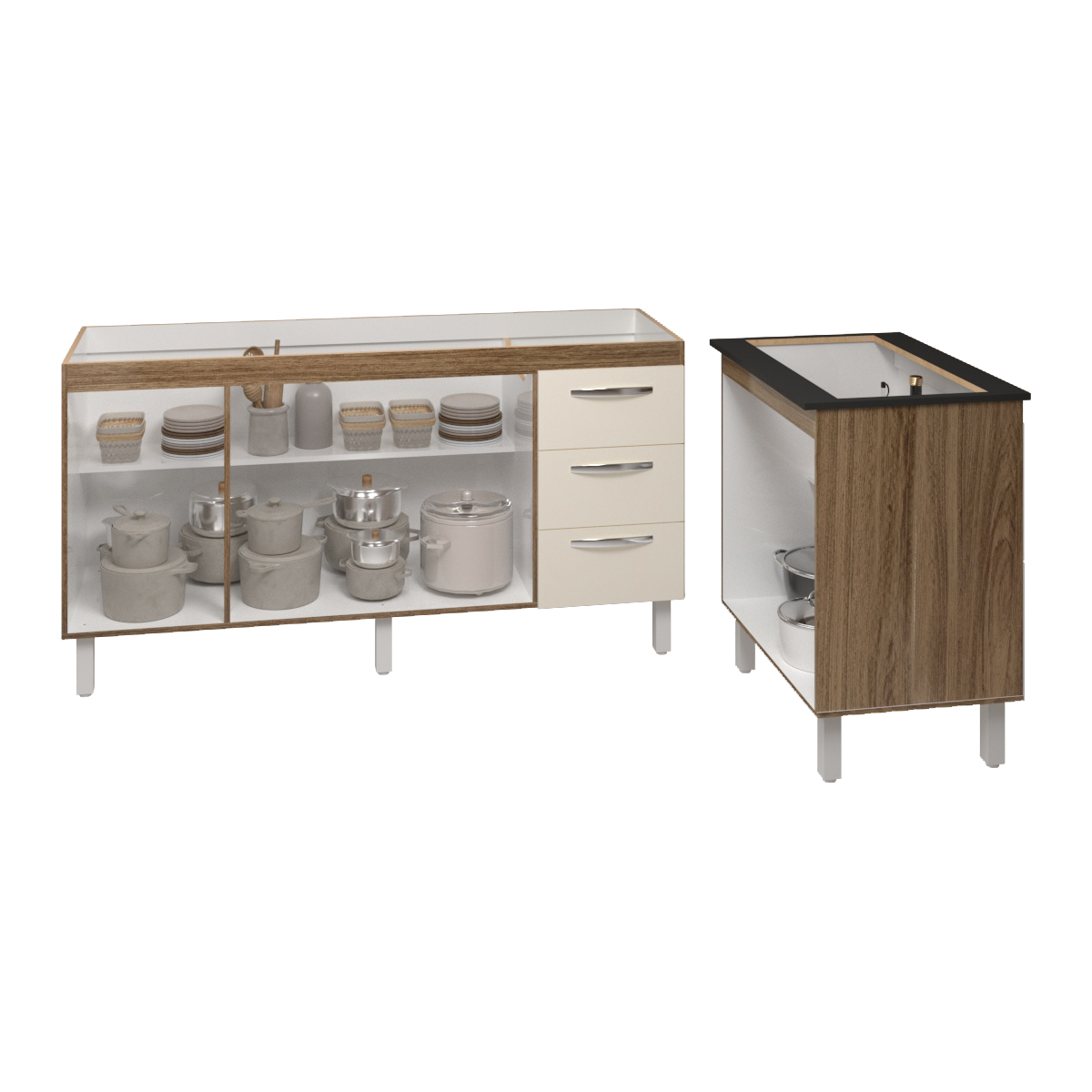 Cozinha Balcão Armário Gabinete de Pia 150 cm Deise e Balcão Fran para Fogão Cooktop 5 Bocas Savana Off White 