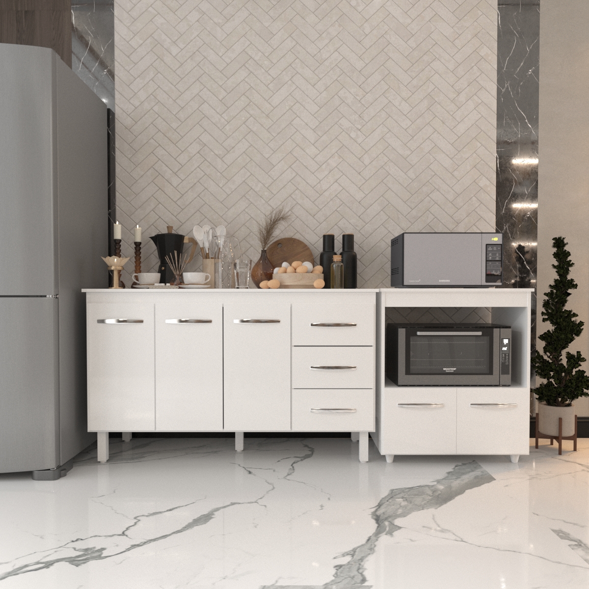 Gabinete Armário Carine 138 cm com Tampo Tampão e Balcão Amanda para Forno e Microondas Branco 