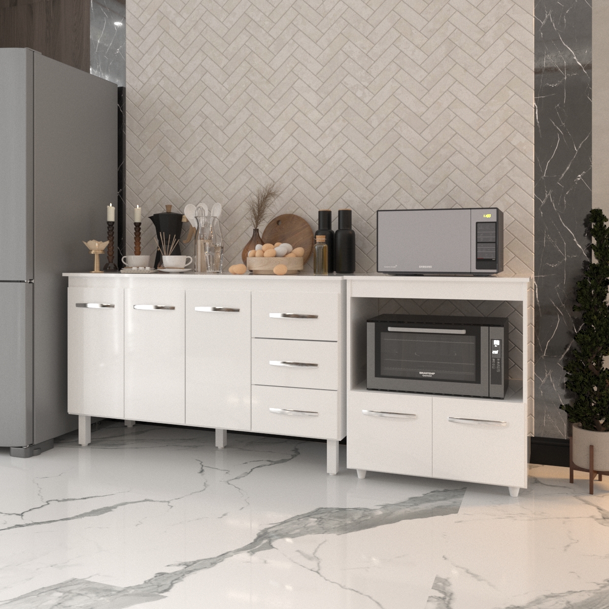 Gabinete Armário Carine 138 cm com Tampo Tampão e Balcão Amanda para Forno e Microondas Branco 