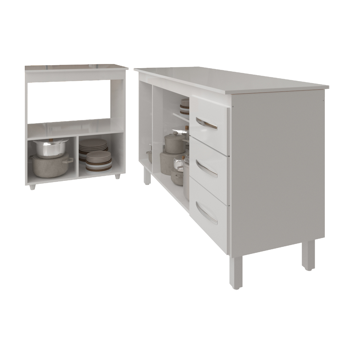 Gabinete Armário Carine 138 cm com Tampo Tampão e Balcão Amanda para Forno e Microondas Branco 