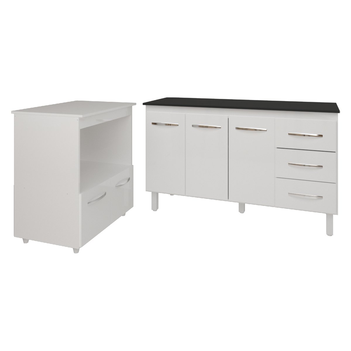 Gabinete Armário Carine 138 cm com Tampo Tampão e Balcão Amanda para Forno e Microondas Branco e Preto 