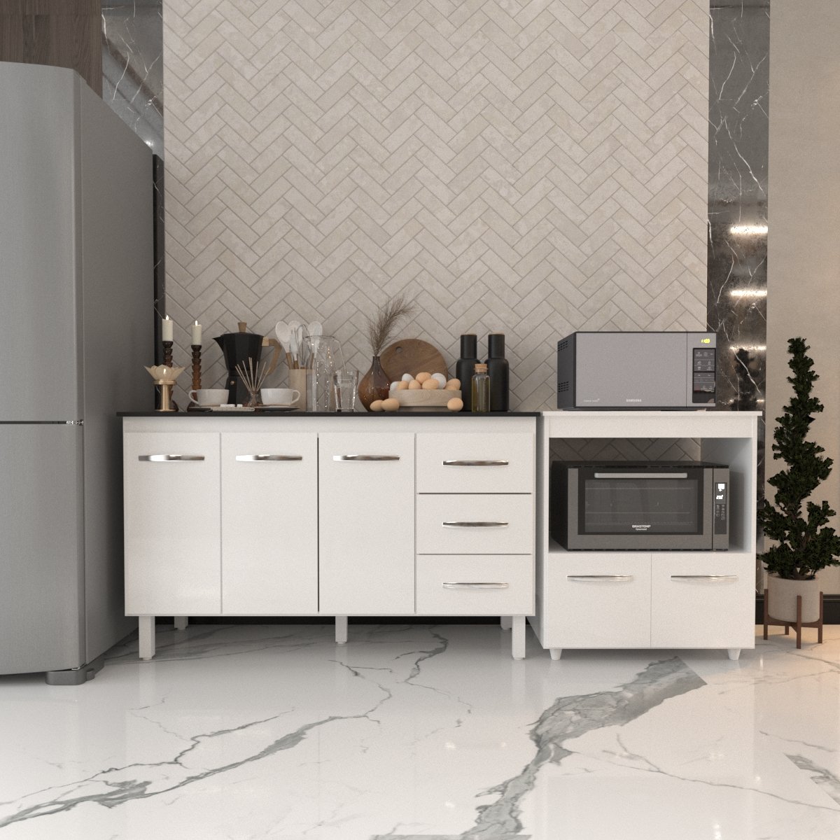 Gabinete Armário Carine 138 cm com Tampo Tampão e Balcão Amanda para Forno e Microondas Branco e Preto 
