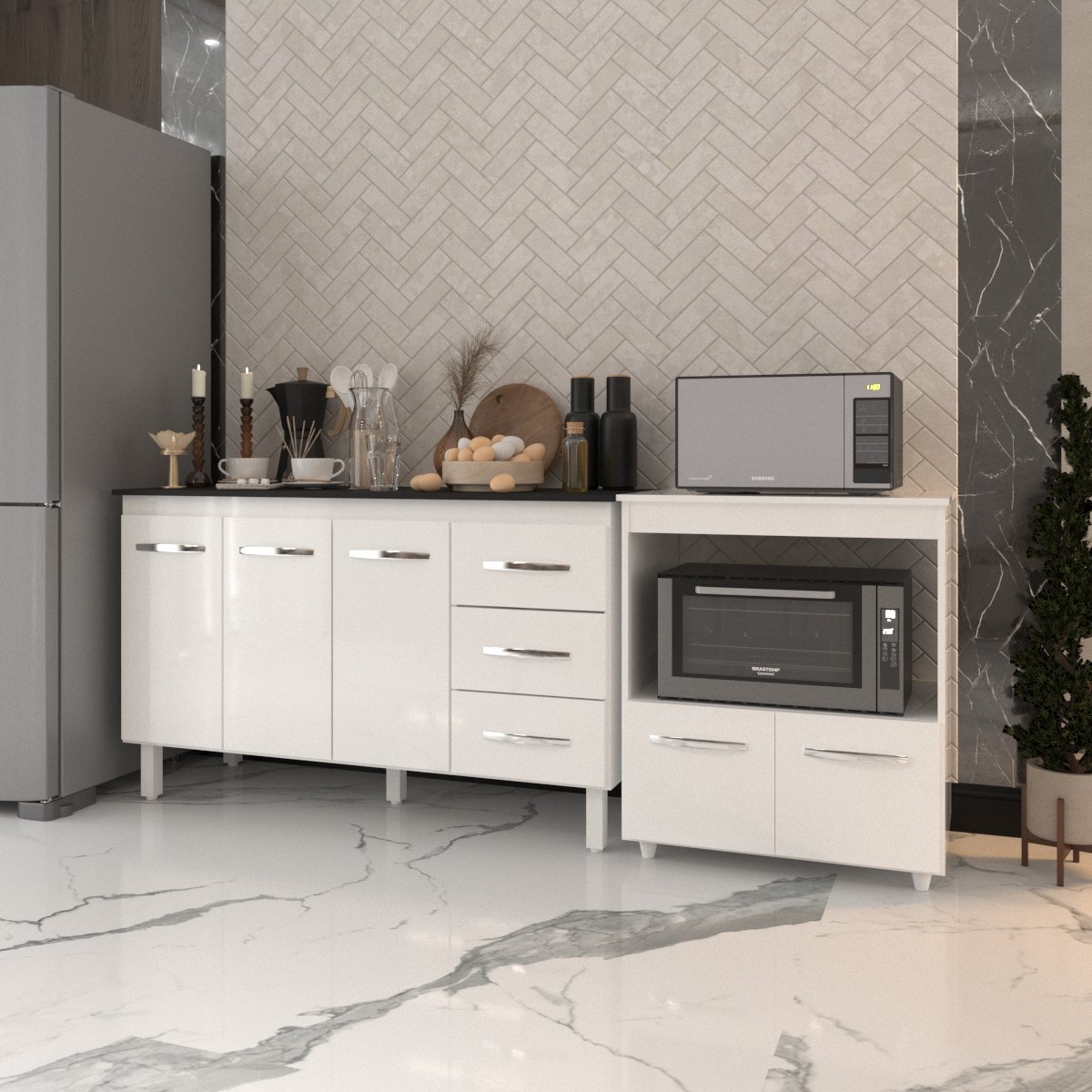 Gabinete Armário Carine 138 cm com Tampo Tampão e Balcão Amanda para Forno e Microondas Branco e Preto 