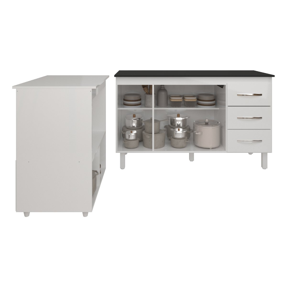 Gabinete Armário Carine 138 cm com Tampo Tampão e Balcão Amanda para Forno e Microondas Branco e Preto 