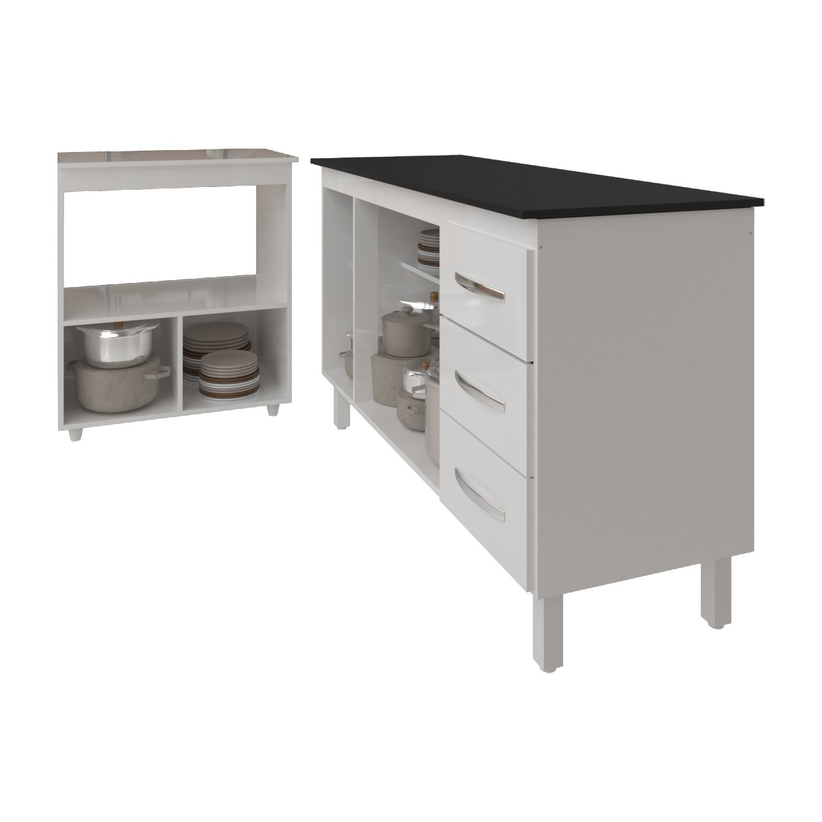 Gabinete Armário Carine 138 cm com Tampo Tampão e Balcão Amanda para Forno e Microondas Branco e Preto 